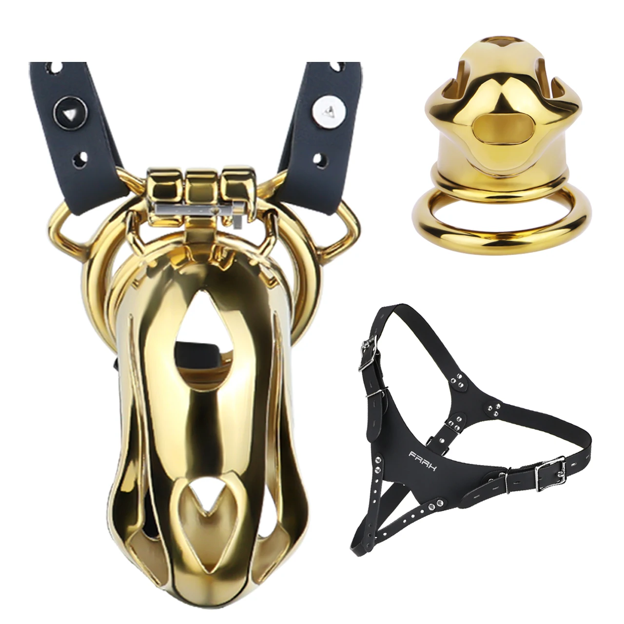 Jaula de castidad FRRK de acero inoxidable dorado con correa de sujeción de tres vías, anillo para pene, cerradura uretral, Juguetes sexuales para adultos para hombres