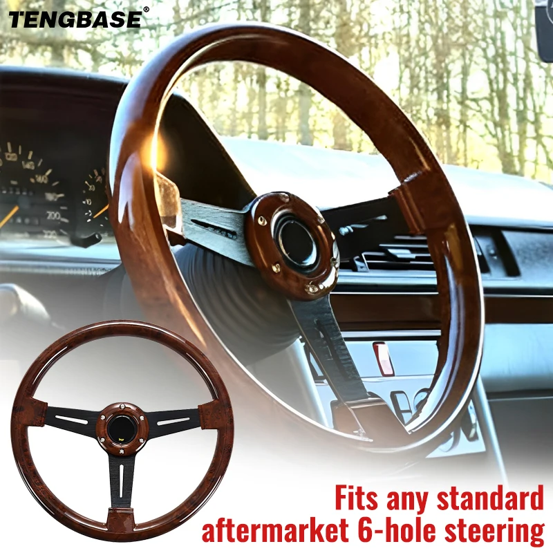 

14" Classic Wood Grain Steering Wheel Riveted Light Wood Grip Deep Corn Drifting Sport Steering Wheels Universal 350mm Black