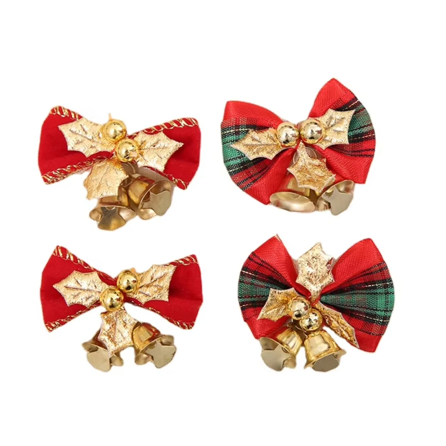 100pcs  Factory wholesale Christmas Bows with Bells Gold Plaid Christmas Tree Decorations Garland Decoration Accessories