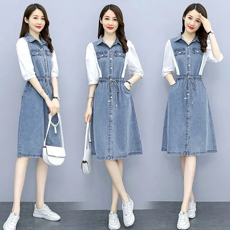 Summer New Fashion Korean Slim Splice Denim Dress Women Half-sleeve Waist Office Casual Wash Jeans Dress Ladies Dresses Vestidos