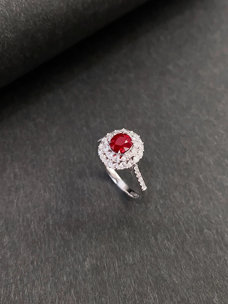 LUOWEND 100% 18K White Gold Rings Luxury Elegant Style Shiny Diamond Natural Ruby Gemstone Ring for Women High Party Jewelry