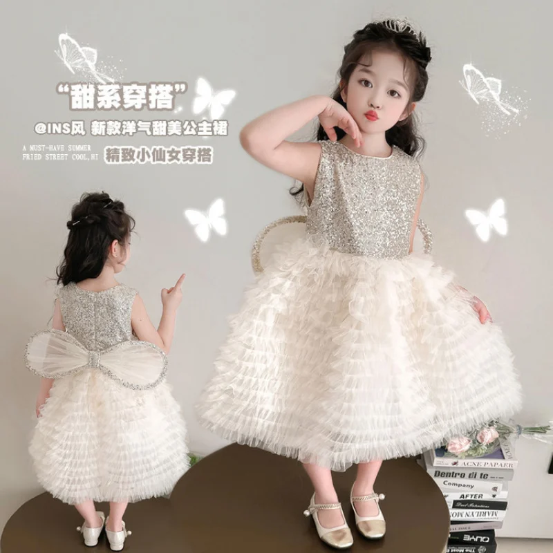 

Girls Spring Summer Autumn New Sleeveless Vest Sequin Wings Cake White Puffy Princess Dress