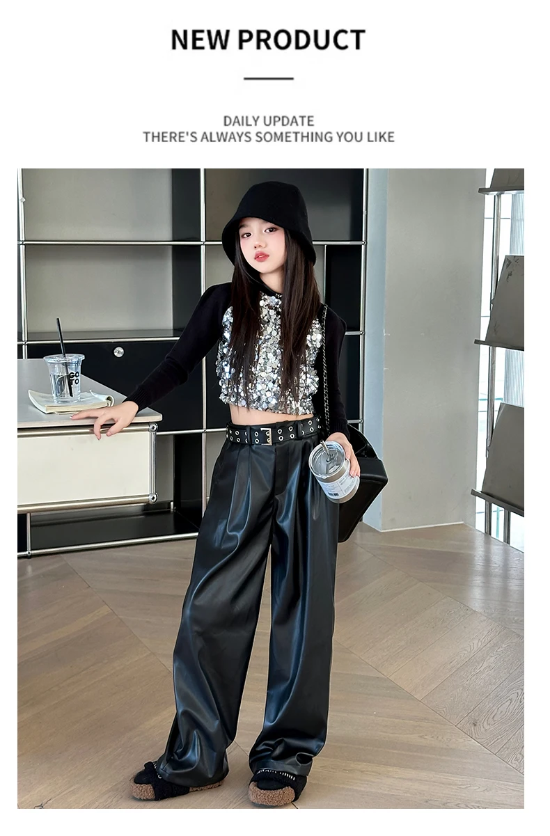 Hip Hop Mädchen K-pop Pailletten Crop Top Glänzende PU Leder Hosen Street Dance Kostüme Kinder Streetwear Kinder Jazz Bühne kleidung Set – Detail 14