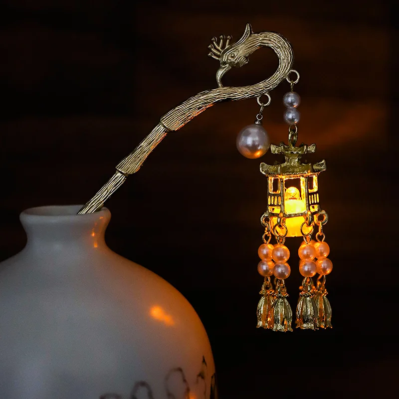 Chinese Style Auspicious Phoenix Glowing Lantern Tassel Hair Stick Vintage Palace Faux Pearl Lucky Blessing Hair Accessory For