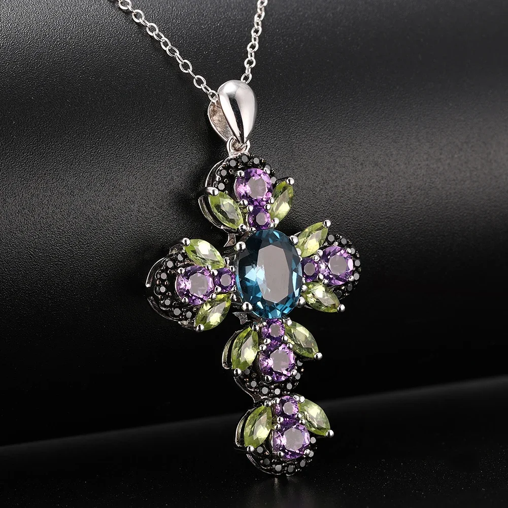 GZ ZONGFA Shiny Natural Women Topaz Amethyst Cross Pendant Necklaces Fashion Jewelry Gifts 925 Sterling Silver Jewelry