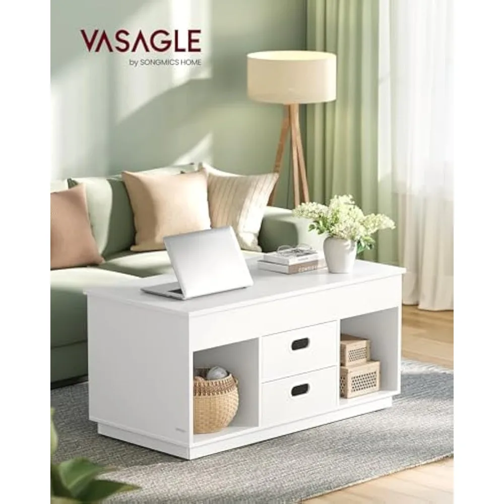 Table basse relevable avec 2 tiroirs, rangement caché, table centrale pour utilisation sur table