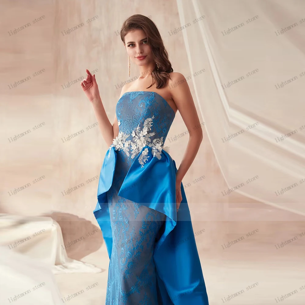 ゴージャスなイブニングドレス サテン プロムドレス レース アップリケ ストラップレス バックレス ローブ フォーマルパーティー用 ベスティドス デ ガラ カスタマイズ