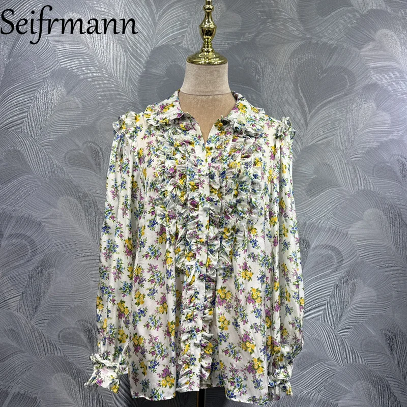 

Seifrmann 2026 Новая модная женская шелковая рубашка с воротником, длинным рукавом и принтом, на одной пуговице