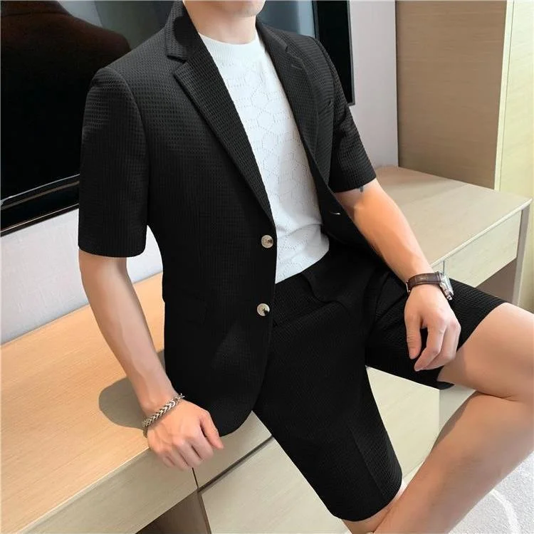 Men\'s Shorts Suit Jacket Sets Summer Thin High End Korean British Fashion Casual Short Sleeve Clothes Men Green Black Coffee