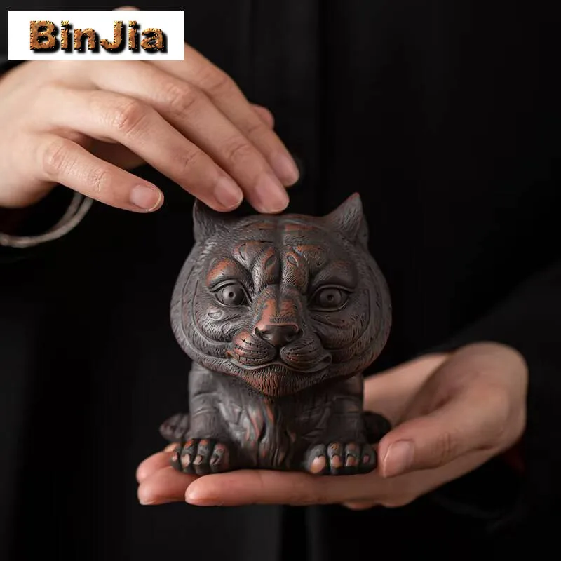 Qingxi Purple Pottery Tiger Tea Pet Ornament Handmade Jumping Knife Lid Stand Pot Holder Crafts Frame Ceremony Accessories