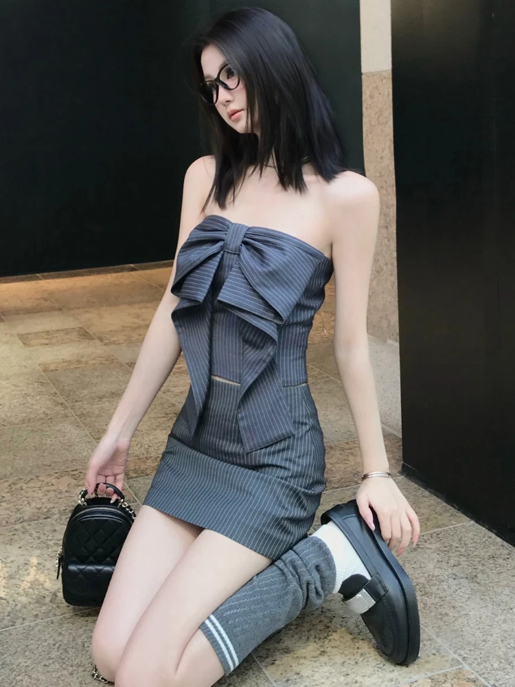 2024 Women Harajuku Y2k Elegant Skirt Sets Striped Two Piece Suit Vintage Sleeveless Crop Tops A-Line Slim Y2k Mini Skirt 2000s