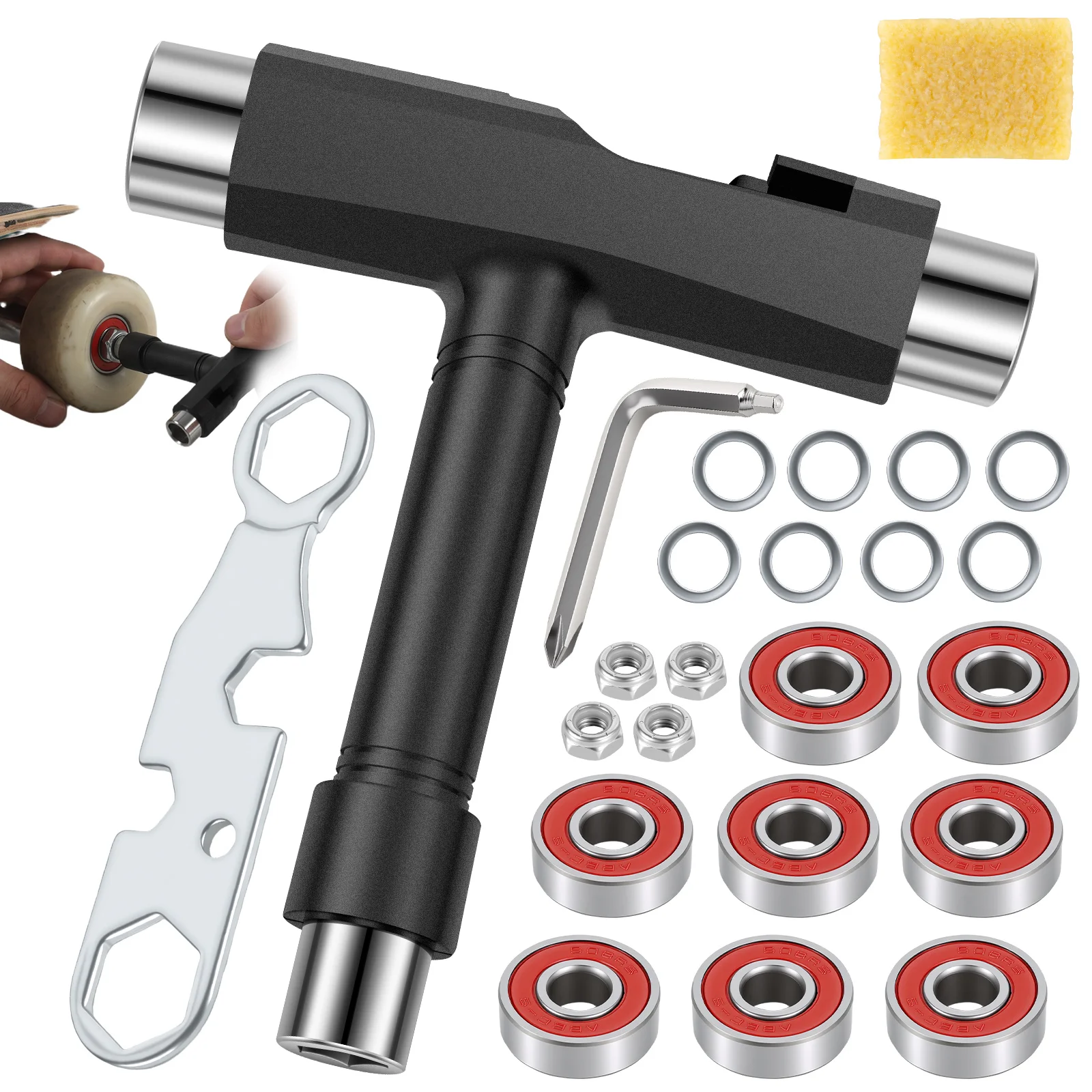Complete Skateboard Repair Hardware Kit with T Tool Bearing Wrench and Cleaning Rubber Block for Skateboard Assembly Maintenance