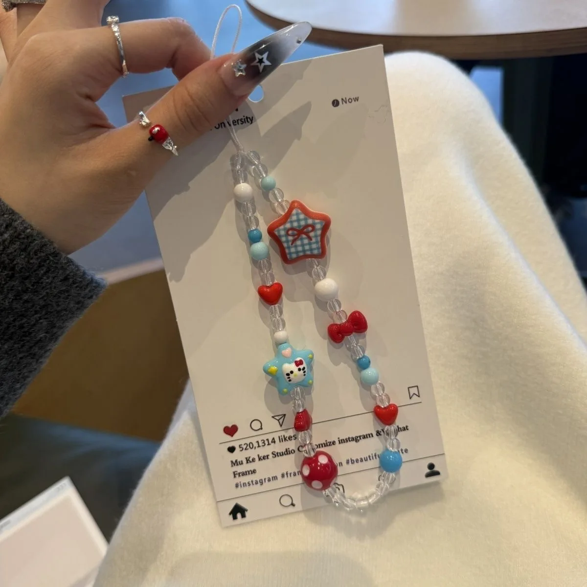 Kawaii INS Sweet Style Hello Kitty Beaded Keyring Plaid Star Bow Heart Bag Ornament Fashion Anti-losty Phone Lanyard Accessories view 2