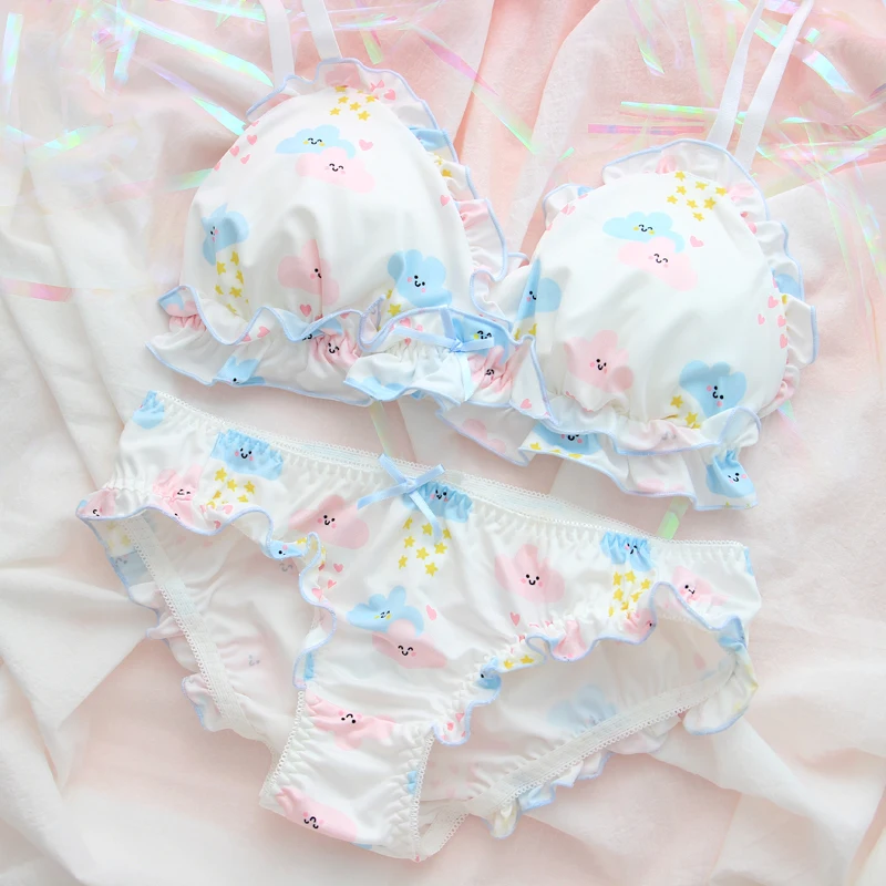 Japanese Cute Lingerie Bra & Panties Set Wirefree Soft Underwear Sleep Intimates Set Kawaii Lolita White Color Bra and Panty Set