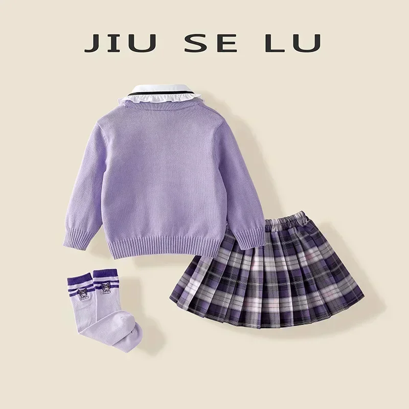 Miniso Kuromi My Melody Dziecięca spódnica JK Cosplay 2024 Nowy styl College Dzianinowy kardigan Plisowana spódnica Trzyczęściowy zestaw Spódnica