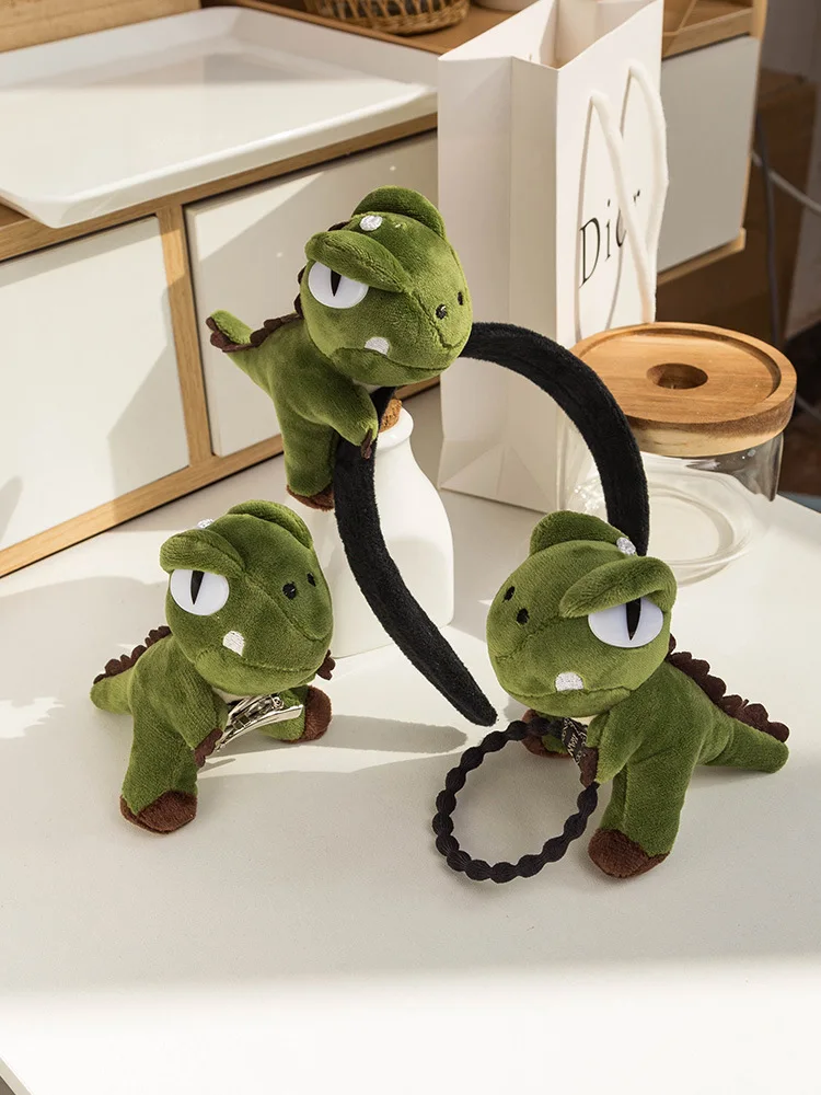1pc cartoon green dinosaur cute shampoo headband, super cute doll head rope, dual-purpose plush delicate brooch hairpin