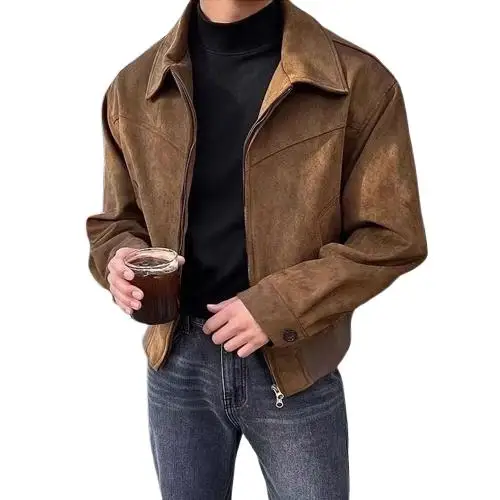 Autumn and Winter South korea Men's Short Loose Lapel Thick Zip-up Suede Surface Flight Jacket Hong Kong Sle Outerwear Tide