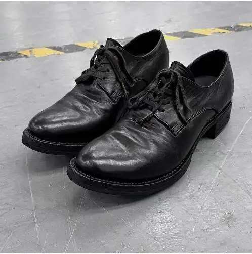 Hot Men Black Cow Real Leather Round Toe Lace Up 4 CM Med Heels Height Increasing Oxford Boots Male Pleated Low Top Derby Shoes