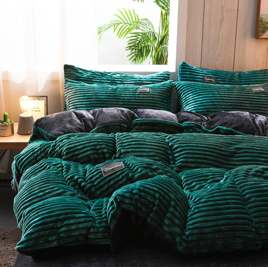 1-3Pcs Winter Warm Coral Fleece Duvet Cover Set with Pillowcases Thick Flano Double Quilt Cover for King Queen Twin Size Bed