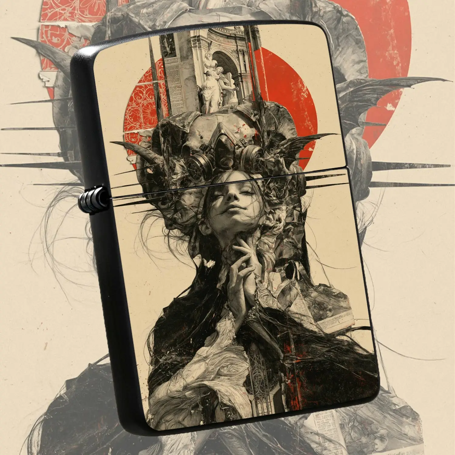 Retro Vintage Collage Art Lighter Dark Aesthetic Red Sun Girl Pattern Portable Practical Igniter For Daily Outdoor Multi-scene Use Unique Stylish Creative Desktop Decor Great Gift Choice For Art  A Humorous And Interesting Lighter