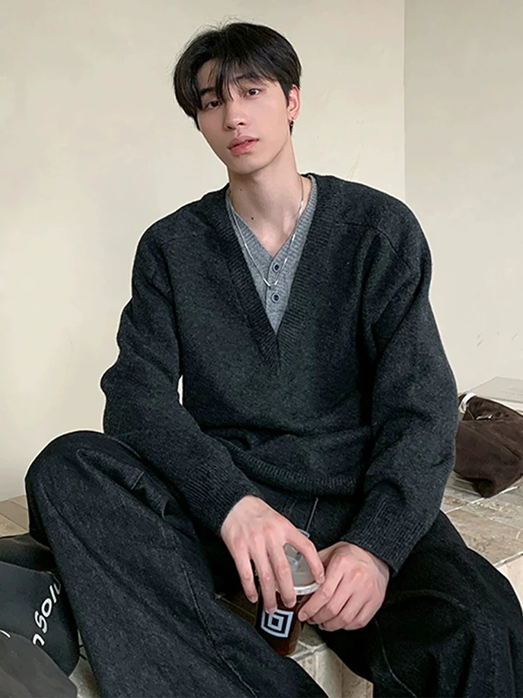 

Мужской трикотажный свитер в американском ретро-стиле с V-образным вырезом, осенний, свободного кроя, имитация двухслойности, с длинными рукавами, с круглым вырезом горловины