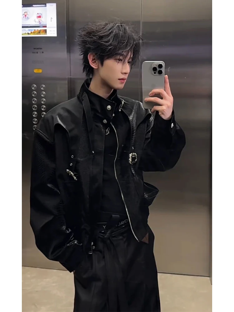 

ort Мужская байкерская куртка, молодежная модная кожаная верхняя одежда из крокодиловой кожи Sc, металлическая синяя верхняя одежда