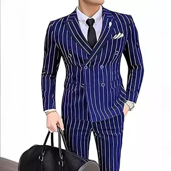 

Grey Striped Mens Suits Double Breasted for Wedding Custom Made for Man Costume Groom 2-Pieces Tuxedos Best Man Blazer Pants