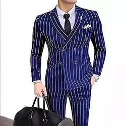 Grey Striped Mens Suits Double Breasted for Wedding Custom Made for Man Costume Groom 2-Pieces Tuxedos Best Man Blazer Pants