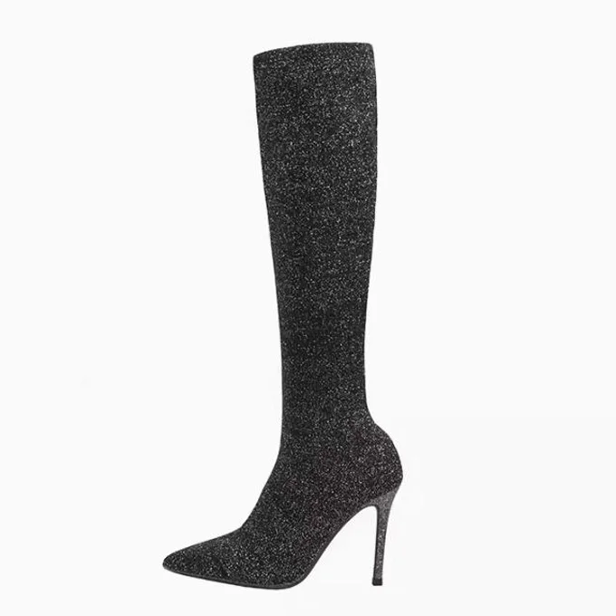 Glitter Sequins Knitting Elastic Knee Boots Pointed Toe Stiletto High Heel Sock Boots Woman Silver Grey Stretch Botas Shoes