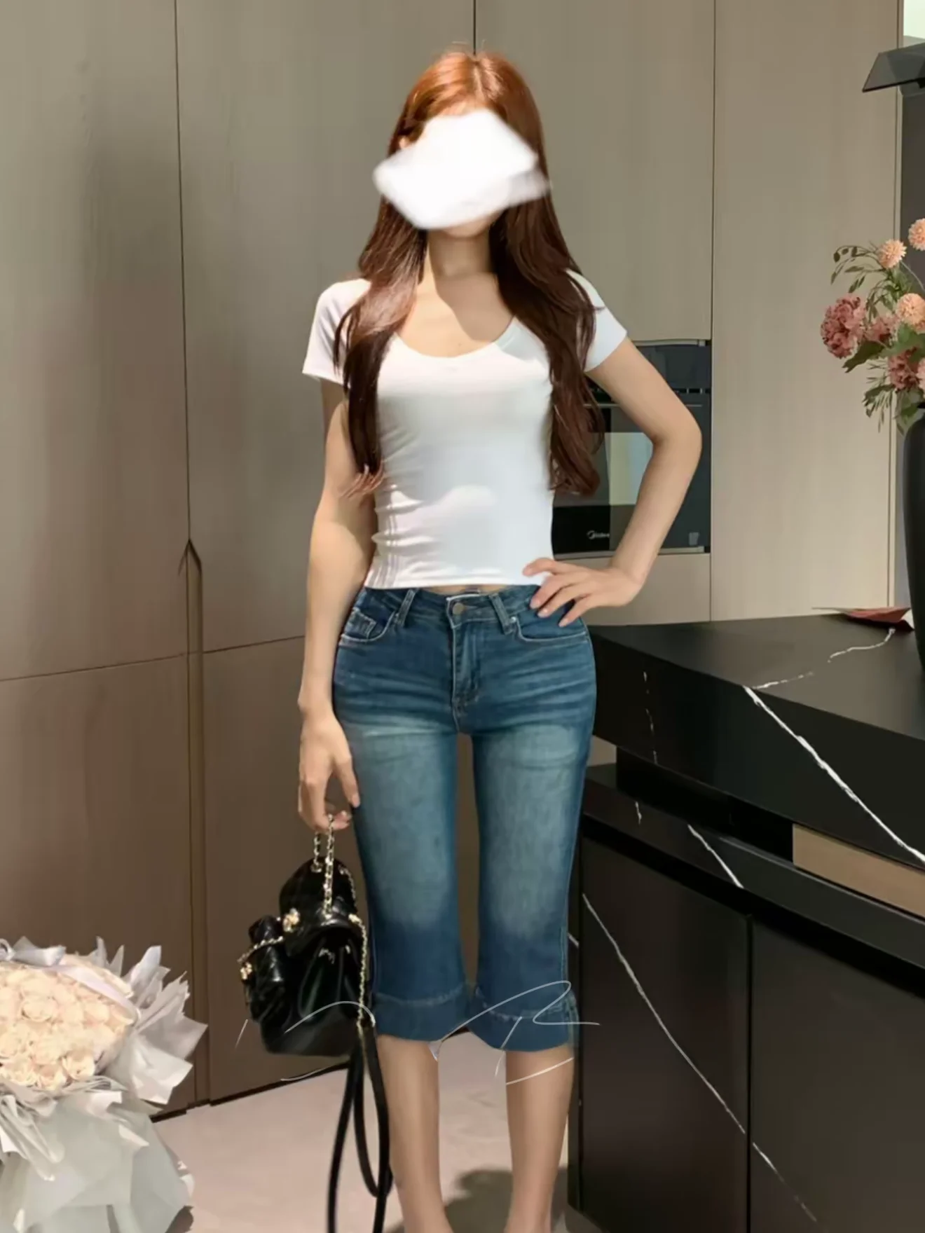 Fashionable Retro American Style Seven-Foot Tight-Fit Denim Shorts Women's High Elasticity Natural Waist Button Closure Jeans