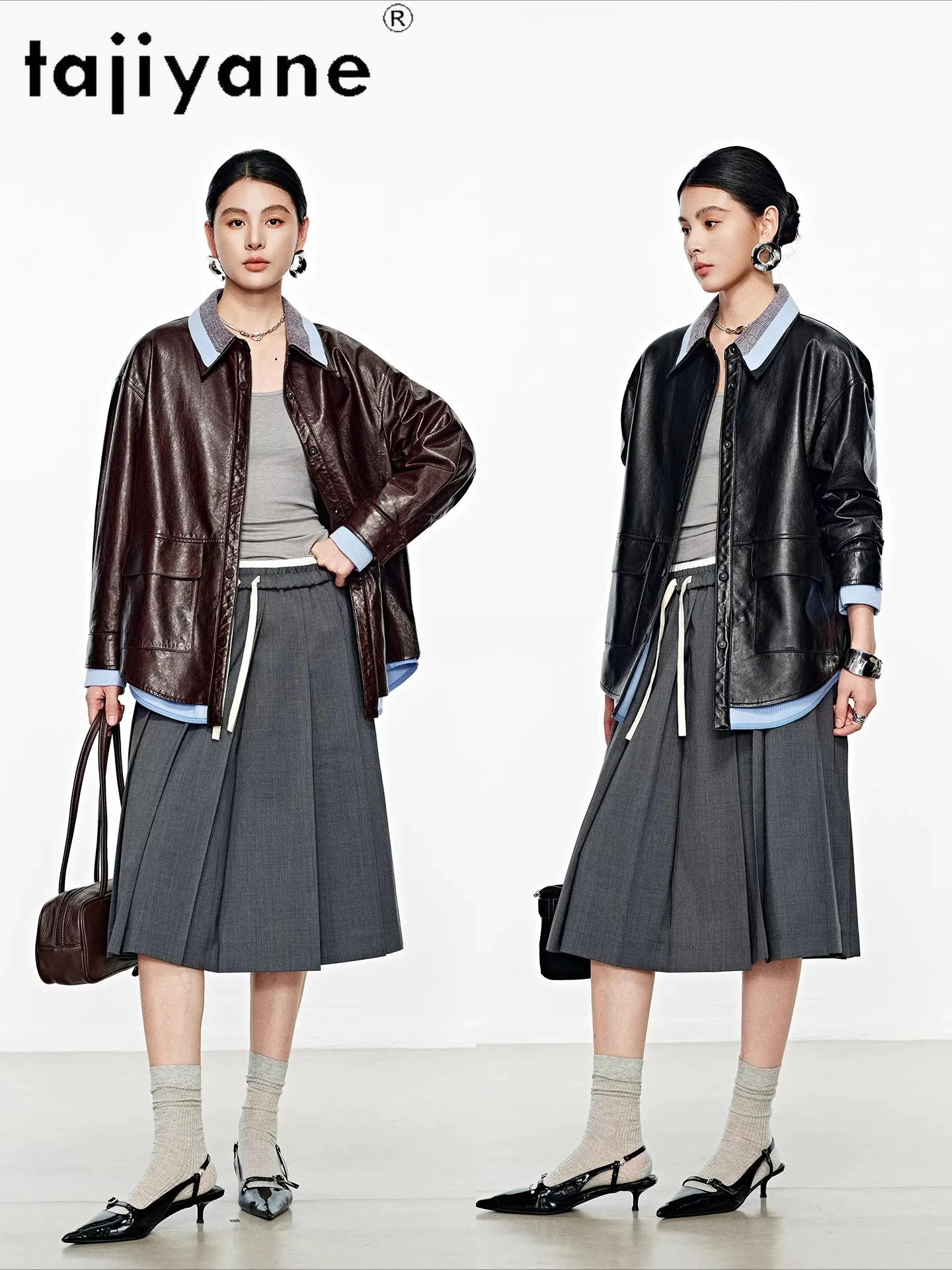 TAJIYANE Sheepskin Genuine Leather Jacket Women Vintage Oil Wax Midi-Length Contrast Knitted Design Coats 2026 Woman Clothes 자켓