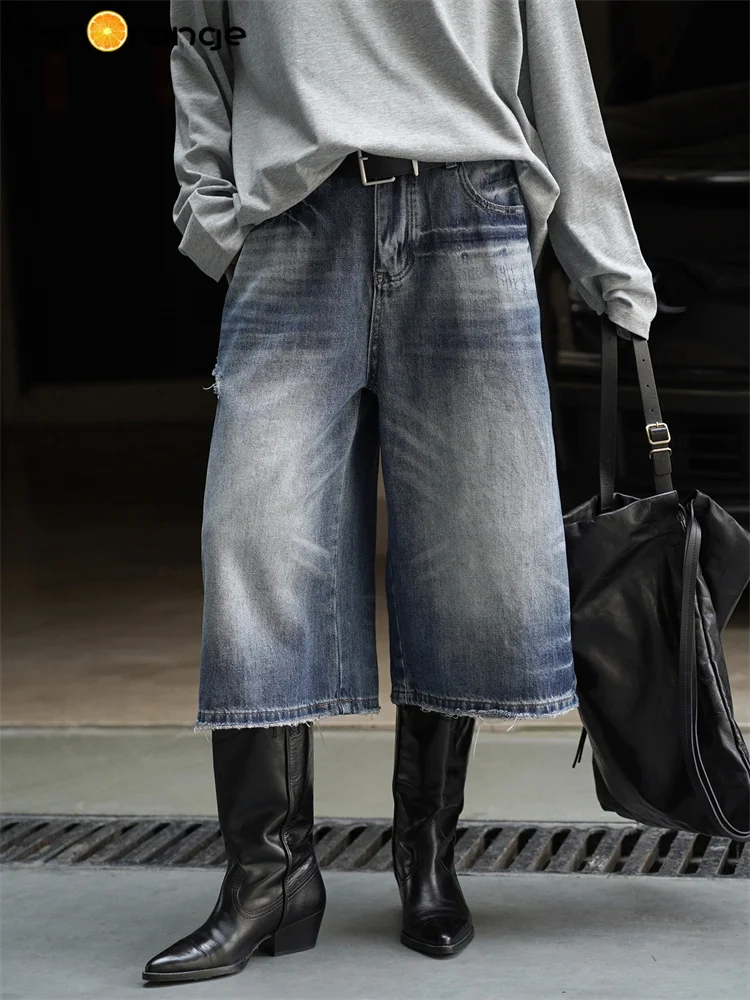 

HanOrange 202, осенние крутые джинсы длиной до икры с широким поясом в стиле ретро, прямые потертые повседневные джинсовые капри синего цвета