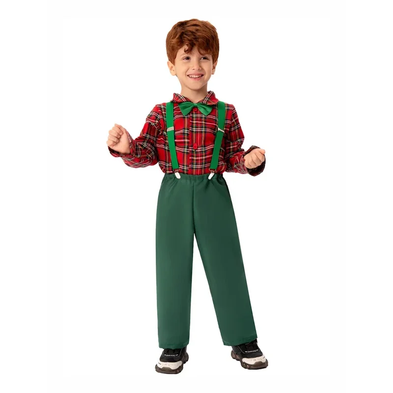 RT01 Boy Gentleman Outfit Christmas Plaid Print Button Long Sleeves Shirt Suspender Pants Set Formal Wear*Jk2