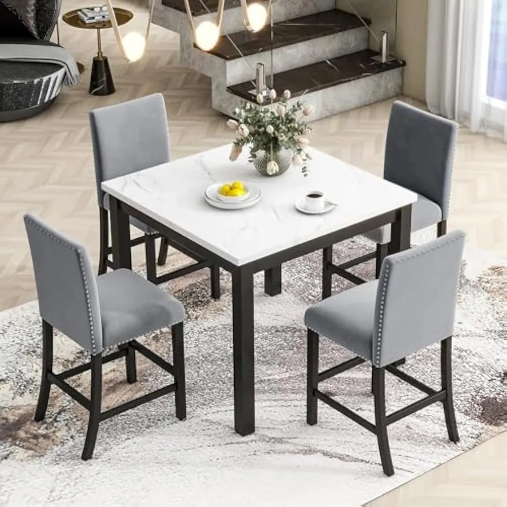 Dining Table Set for 4, Counter Height Dining Table Set with Faux Marble Dining Table and 4 Upholstered-Seat Chairs, 5 Piece