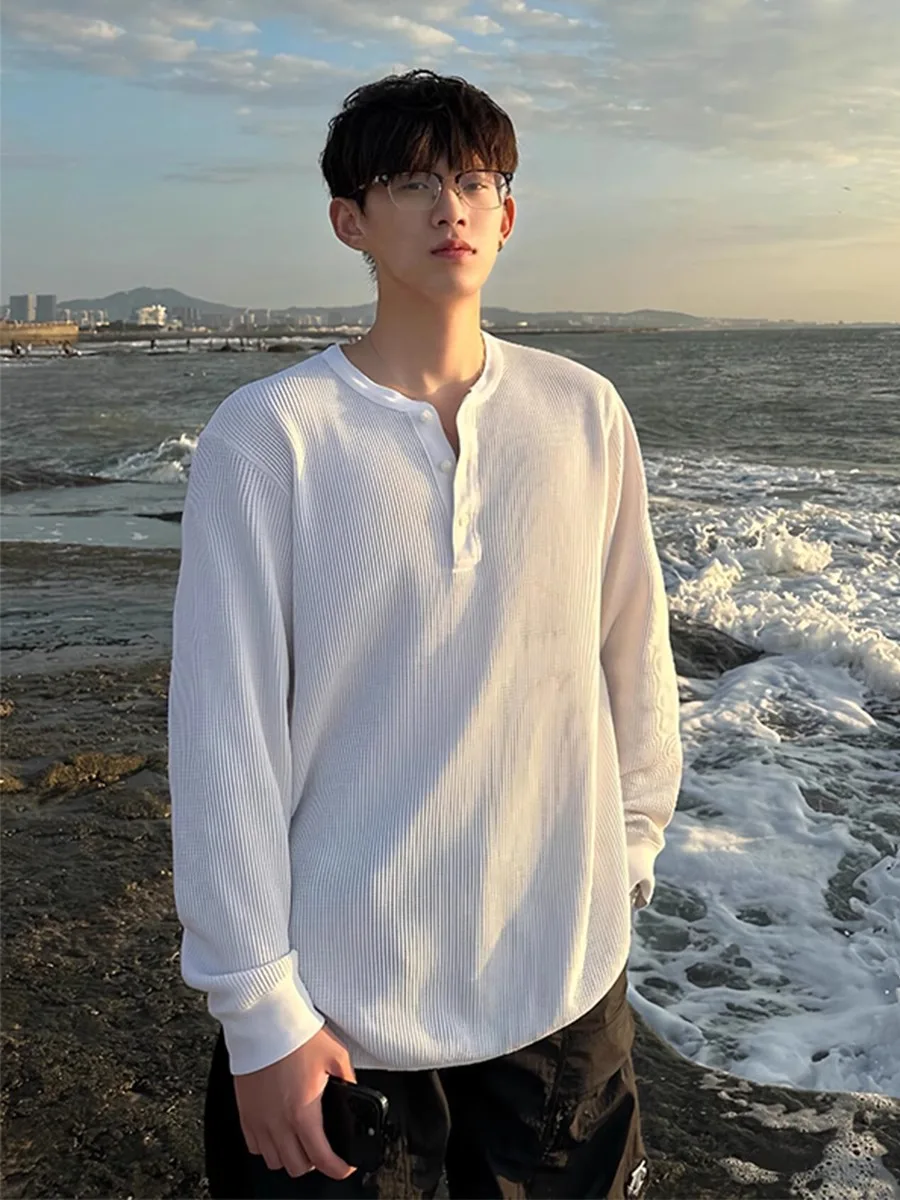 

Long Sve Henry Collar T-irt Men's Inner Wear Layering No Collar Sweatirt Trendy Brand White Marle for Autumn Youth