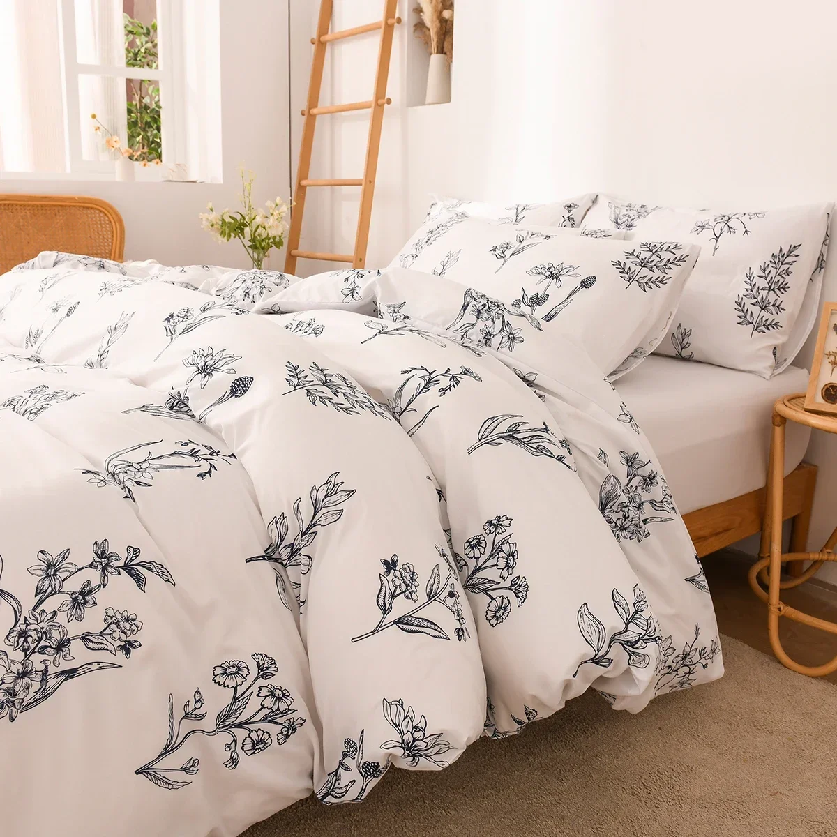 Floral Duvet Cover Set 3pcs Farmhouse Plant Comforter Cover Soft Botanical Flower Leaves Bedding Set with Double Sided Pattern