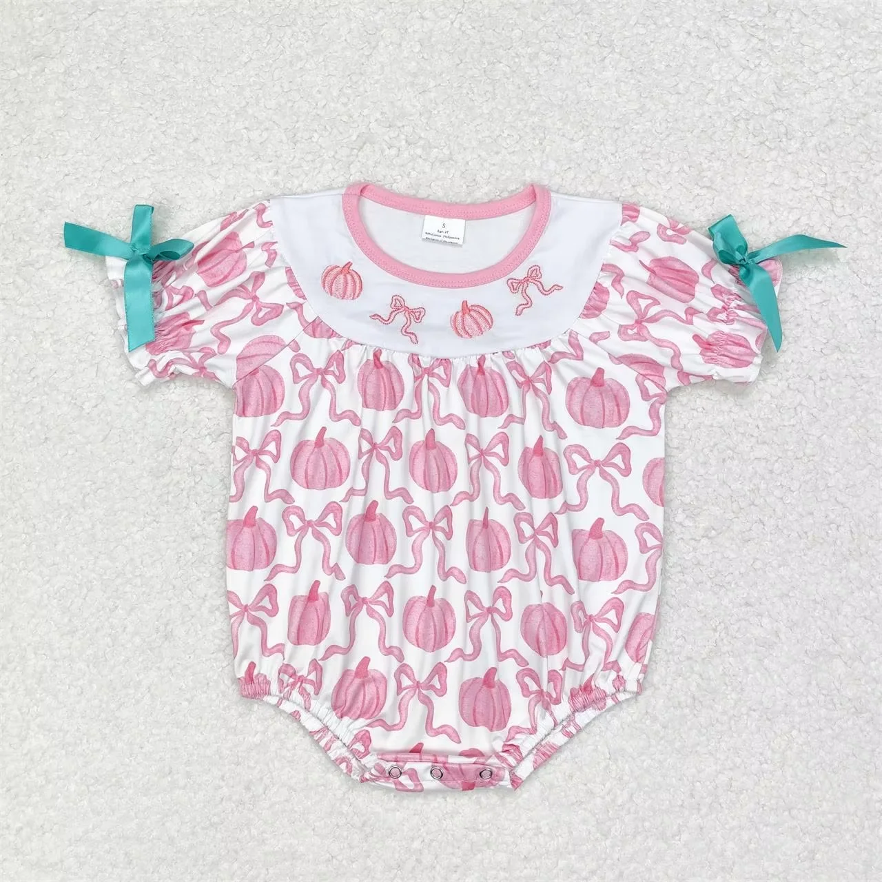 

Wholesale Newborn Infant Embroidery Pumpkin Romper Baby Girl Short Sleeves Pink Bows Toddler Jumpsuit Kids Bubble Summer Clothes