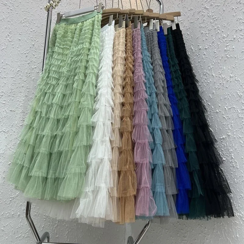 Fashion Mesh Cake Skirt Women Summer Elastic Waist Long Skirts 19 Colors Double-deck A-line Skirts Female Casual Princess Skirts