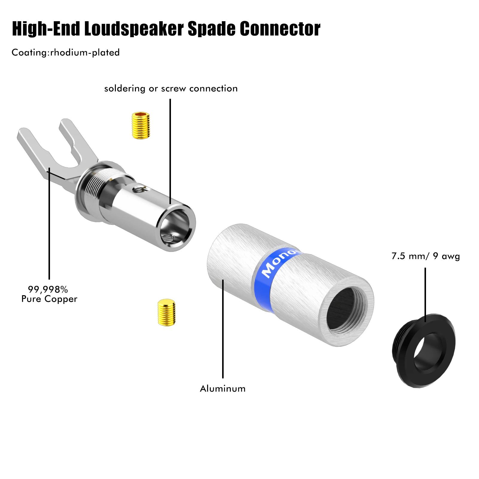 Monosaudio 4N pure copper conductor Y spade connector with Aluminum Housing and gold/rhodium layer for Amplifier Speaker