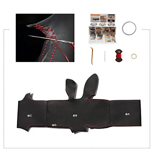 

Hand-Stitched Black Perforated PU Leather Steering Wheel Wrap With Red Thread For Honda Civic CR-V Clarity