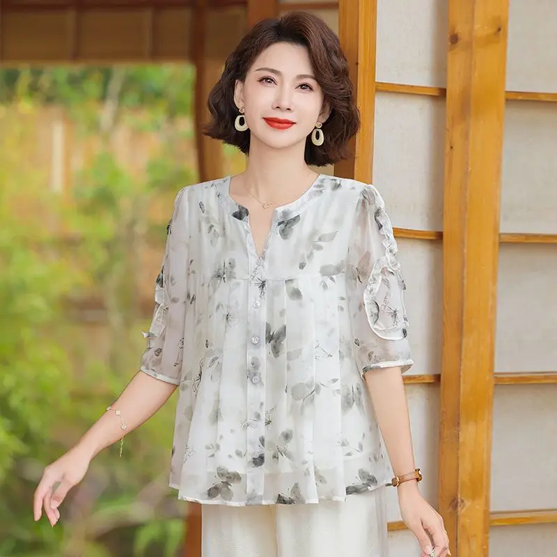Mom Dress for Middle Aged Summer Clothes Fashionable and Slim Women's Shirt Tops Snow Woven