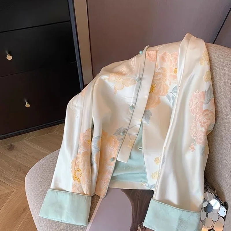 New Chinese Style Flower Printed Stand Up Collar Satin Jacket Women Coat Spring Autumn High-end Temperament Hanfu National Tops