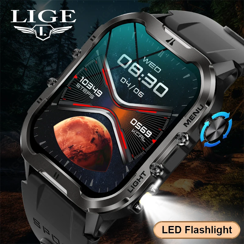 

LIGE Smart Watch Men Flashlight Fitness Tracker Health Monitor SOS Emergency Call Military Outdoor Smartwatch Reloj Inteligente