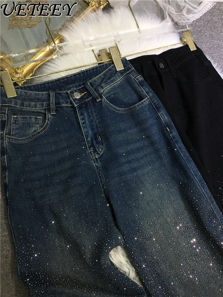 الخريف الشتاء الثقيلة حجر الراين الجينز للنساء عالية الخصر السراويل المستقيمة الراين ملابس خارجية السراويل الطويلة الدنيم