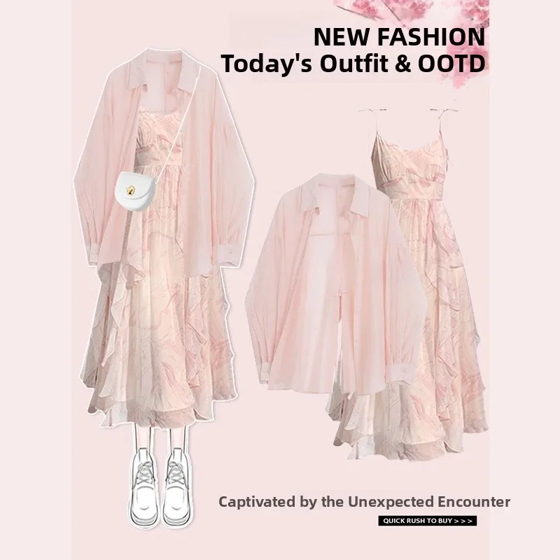 달콤한 꽃무늬 스트랩 드레스 여성용 2025년 봄 신상 패션 캐주얼 디자인 센세이션 자외선 차단 셔츠 매칭 드레스