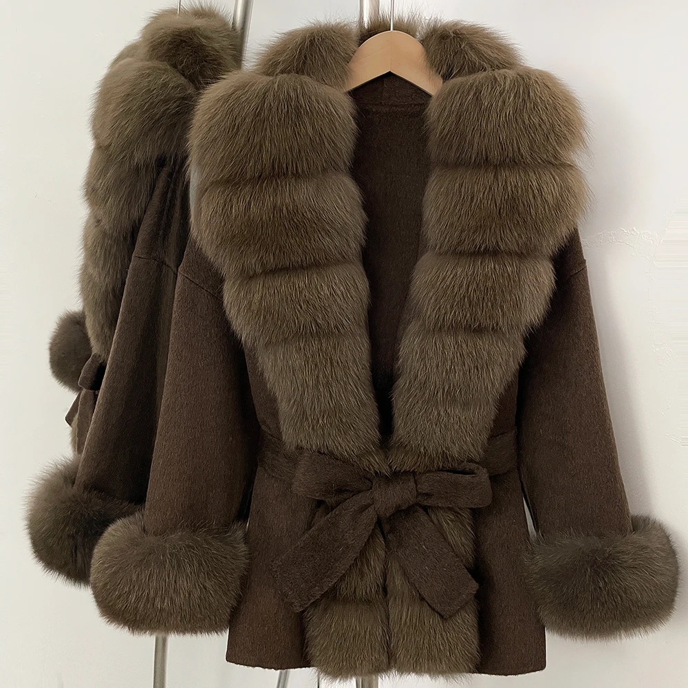 الواقع الفراء سترة النساء الطبيعية الثعلب الفراء الأصفاد الملابس الشتوية الإناث الفراء الحقيقي الصوف سترة موضة أنيقة معطف الصوف مع حزام #1