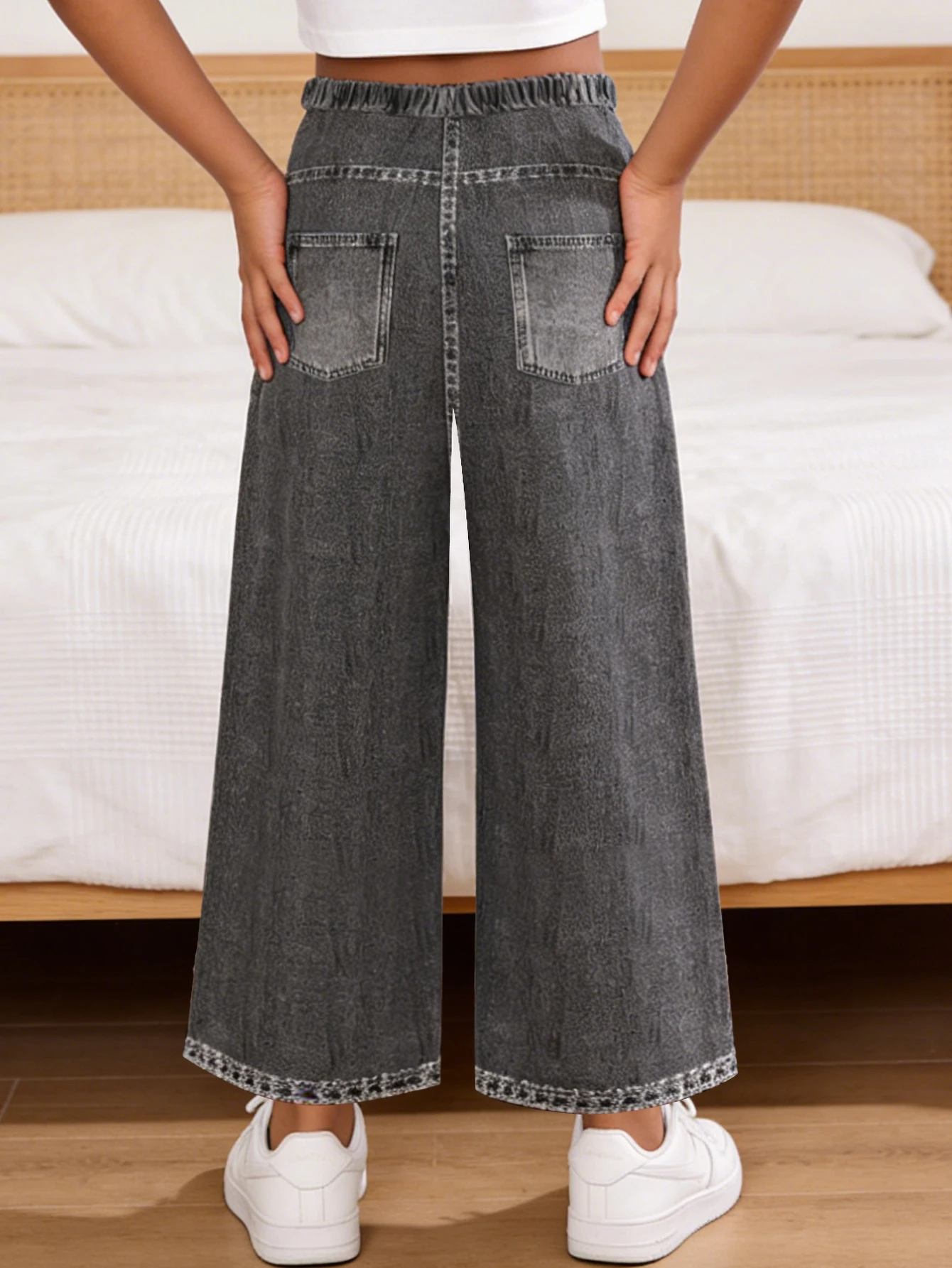 2026 children's light blue simulation denim graffiti text cartoon straight-leg pants