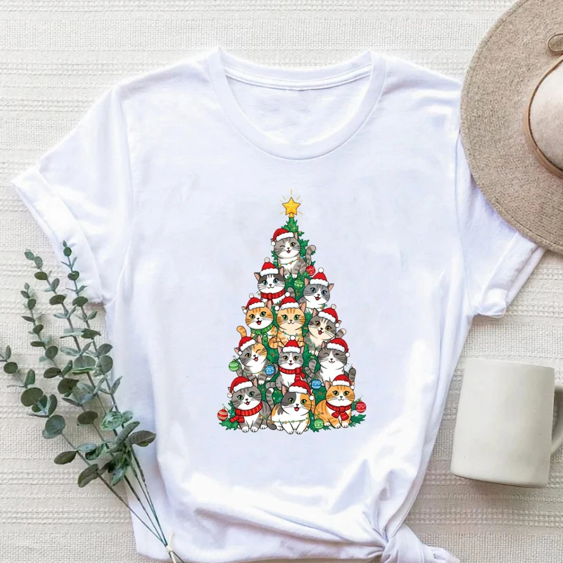 

Cat Christmas Tree Shirt Christmas Gift Christmas Animal Print Family T-Shirt Aesthetic Women Clothing