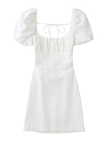 women white fashion linen blend dress female square neck short puff sleeves backless crossover straps dress for women's