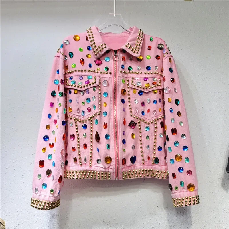 

Spring New Heavy Work Rivet Beaded Diamond Pink Denim Jacket Casual Loose Zipper Lapel Long Sleeve Cowboy Coat Chaqueta Mujer